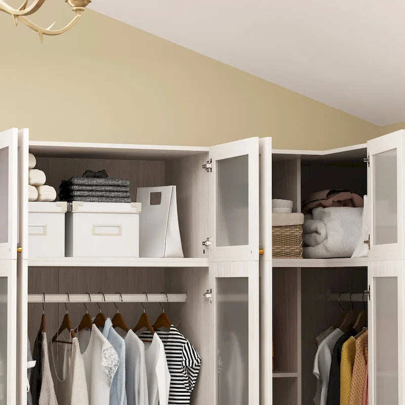 Large Frosted Glass Wardrobe with Soft-Close Hinges | MDF Construction | Light Gray Wood Grain | Gold Handles | Customizable Walk-In Closet