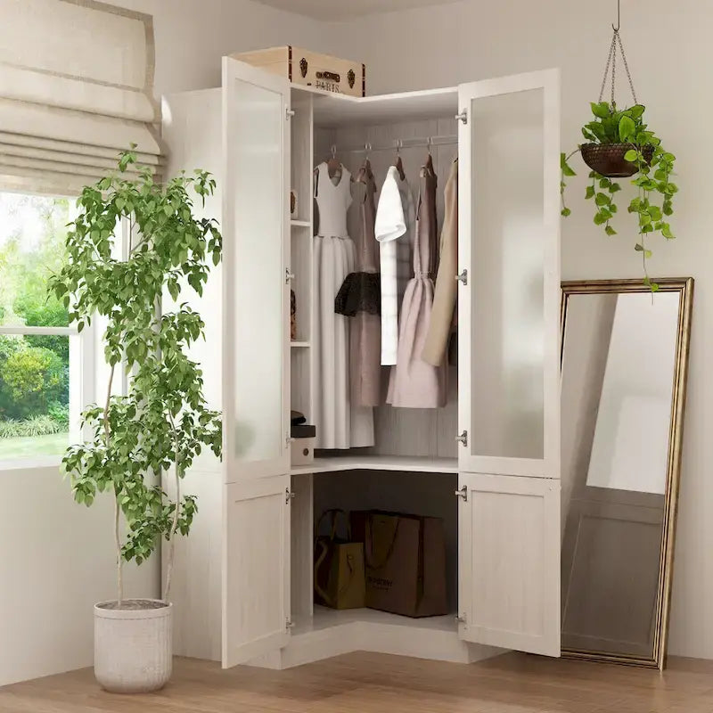 Large Frosted Glass Wardrobe with Soft-Close Hinges | MDF Construction | Light Gray Wood Grain | Gold Handles | Customizable Walk-In Closet