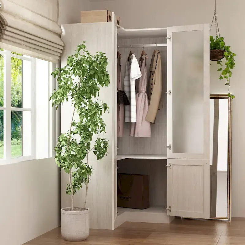 Large Frosted Glass Wardrobe with Soft-Close Hinges | MDF Construction | Light Gray Wood Grain | Gold Handles | Customizable Walk-In Closet