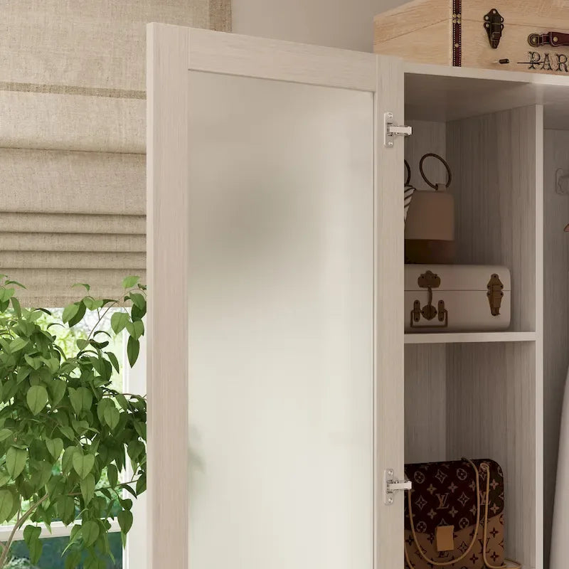 Large Frosted Glass Wardrobe with Soft-Close Hinges | MDF Construction | Light Gray Wood Grain | Gold Handles | Customizable Walk-In Closet
