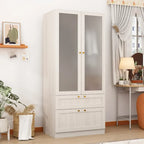 Large Frosted Glass Wardrobe with Soft-Close Hinges | MDF Construction | Light Gray Wood Grain | Gold Handles | Customizable Walk-In Closet