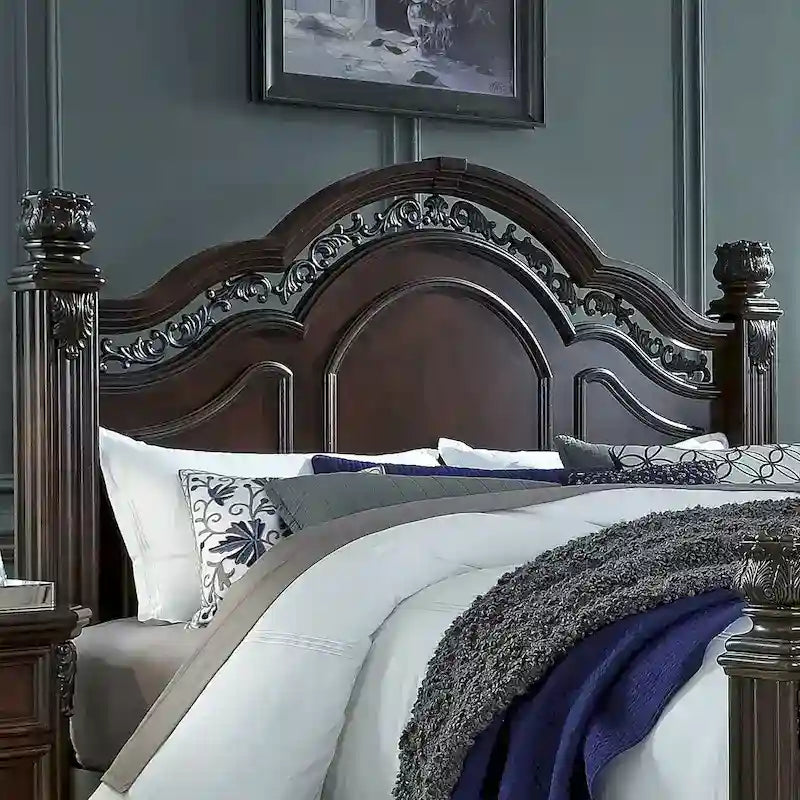 King Poster Headboard Dark Brown Cognac Finish Acanthus Leaf Carving Scrolled Metal Accent Poplar Rubberwood Birch 83.75"W x 68.5"H