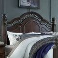 King Poster Headboard Dark Brown Cognac Finish Acanthus Leaf Carving Scrolled Metal Accent Poplar Rubberwood Birch 83.75"W x 68.5"H