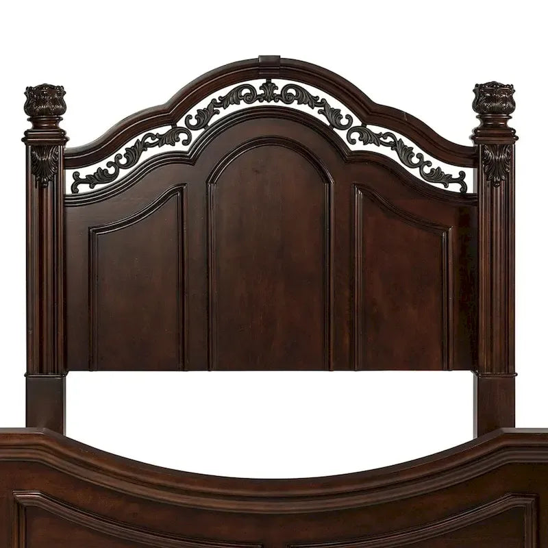 King Poster Headboard Dark Brown Cognac Finish Acanthus Leaf Carving Scrolled Metal Accent Poplar Rubberwood Birch 83.75"W x 68.5"H