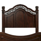 King Poster Headboard Dark Brown Cognac Finish Acanthus Leaf Carving Scrolled Metal Accent Poplar Rubberwood Birch 83.75"W x 68.5"H