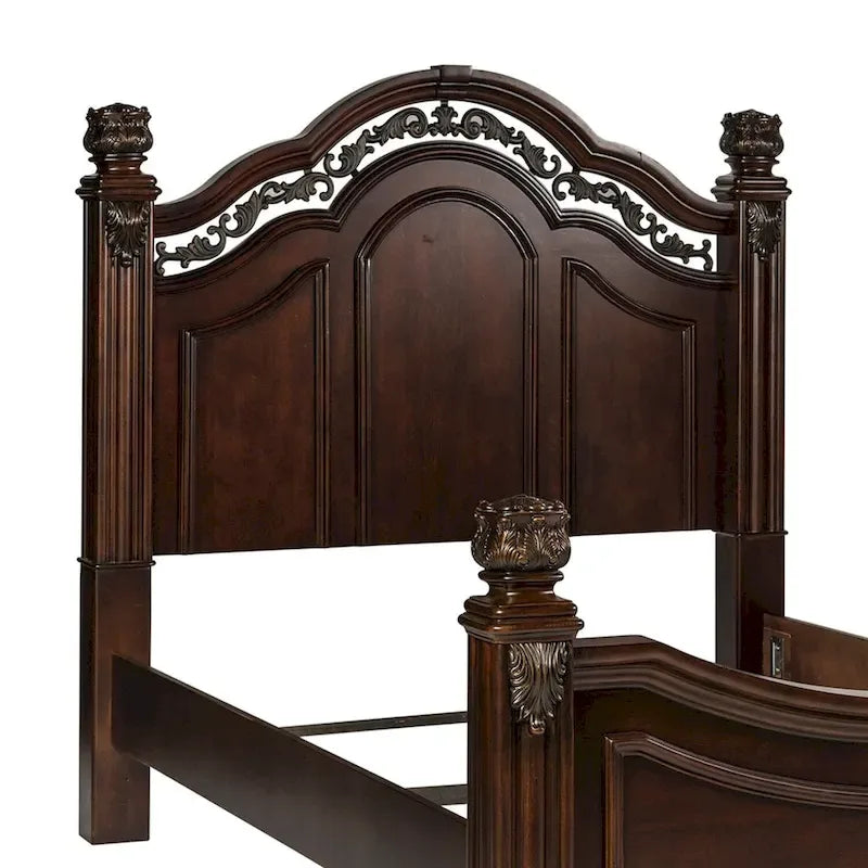 King Poster Headboard Dark Brown Cognac Finish Acanthus Leaf Carving Scrolled Metal Accent Poplar Rubberwood Birch 83.75"W x 68.5"H