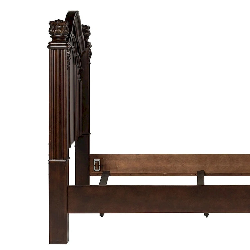 King Poster Headboard Dark Brown Cognac Finish Acanthus Leaf Carving Scrolled Metal Accent Poplar Rubberwood Birch 83.75"W x 68.5"H