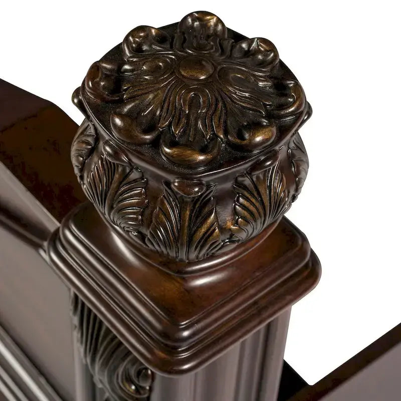 King Poster Headboard Dark Brown Cognac Finish Acanthus Leaf Carving Scrolled Metal Accent Poplar Rubberwood Birch 83.75"W x 68.5"H