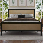 Platform Bed, Boho Cane Bed, Natural Rattan Headboard and Footboard
