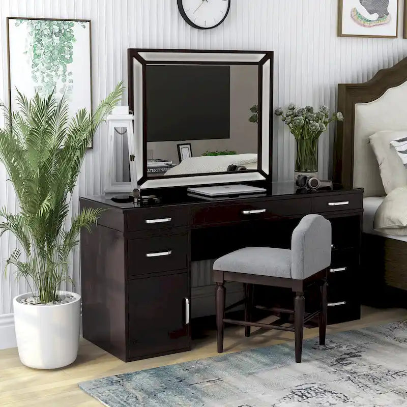 Makeup Vanity Set 3-Piece Solid Wood 6 Drawers LED Mirror Padded Stool 60"W x 20"D x 30"H Contemporary Transitional Style