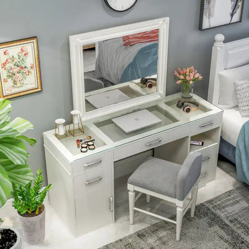 Makeup Vanity Set 3-Piece Solid Wood 6 Drawers LED Mirror Padded Stool 60"W x 20"D x 30"H Contemporary Transitional Style