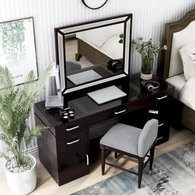 Makeup Vanity Set 3-Piece Solid Wood 6 Drawers LED Mirror Padded Stool 60"W x 20"D x 30"H Contemporary Transitional Style