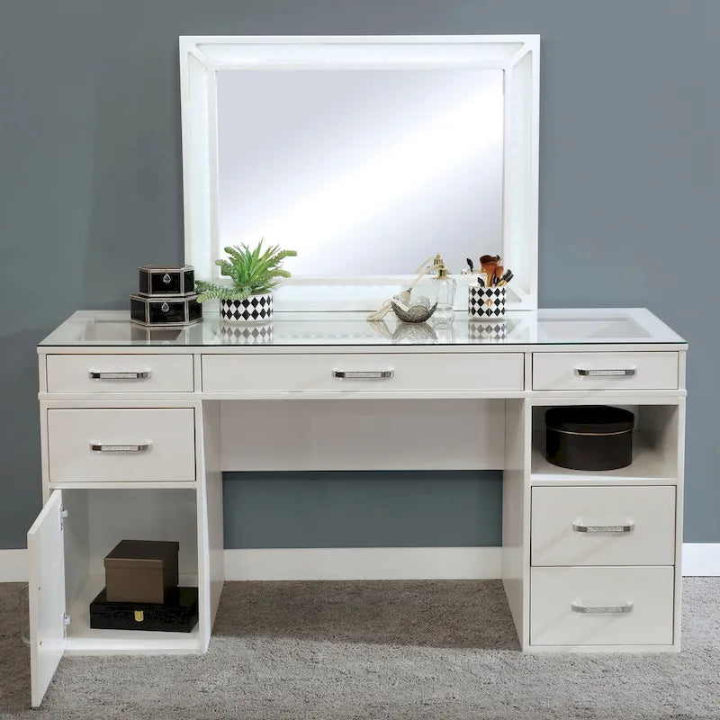 Makeup Vanity Set 3-Piece Solid Wood 6 Drawers LED Mirror Padded Stool 60"W x 20"D x 30"H Contemporary Transitional Style