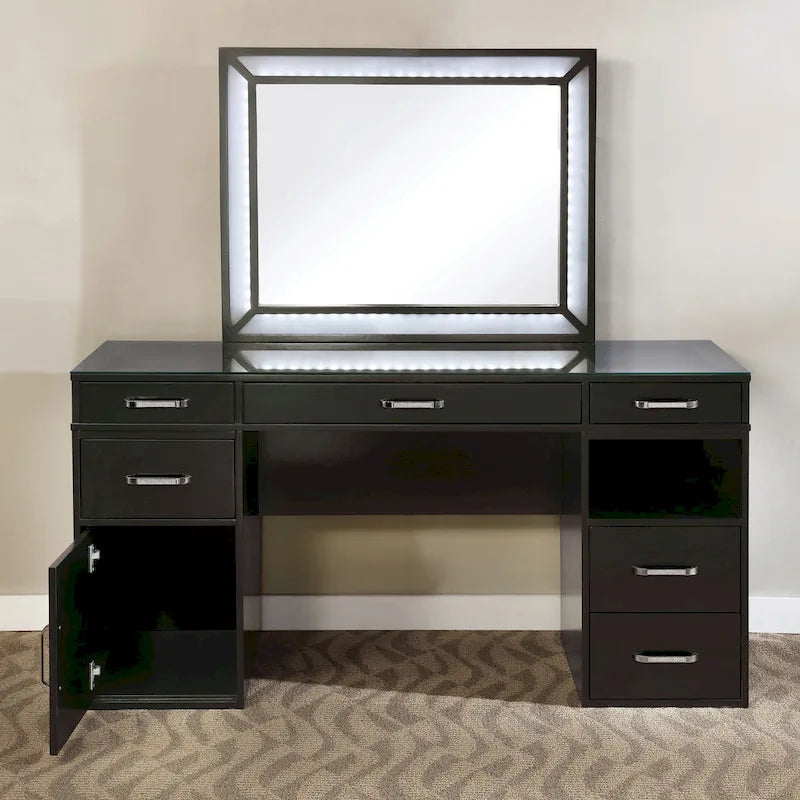 Makeup Vanity Set 3-Piece Solid Wood 6 Drawers LED Mirror Padded Stool 60"W x 20"D x 30"H Contemporary Transitional Style