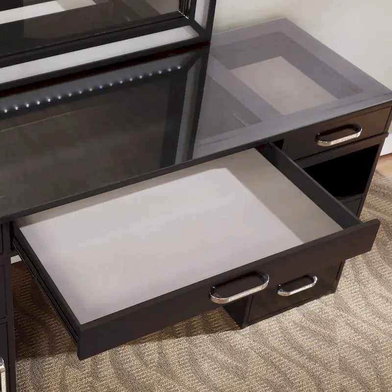 Makeup Vanity Set 3-Piece Solid Wood 6 Drawers LED Mirror Padded Stool 60"W x 20"D x 30"H Contemporary Transitional Style
