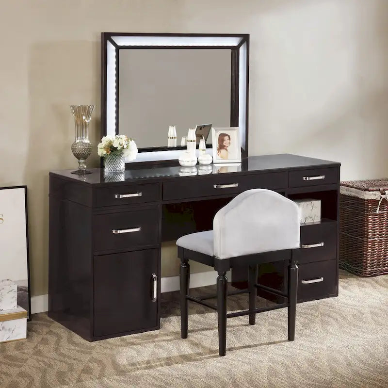 Makeup Vanity Set 3-Piece Solid Wood 6 Drawers LED Mirror Padded Stool 60"W x 20"D x 30"H Contemporary Transitional Style