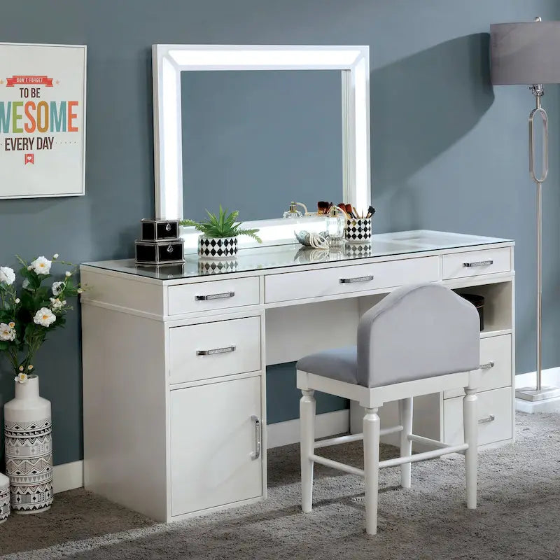 Makeup Vanity Set 3-Piece Solid Wood 6 Drawers LED Mirror Padded Stool 60"W x 20"D x 30"H Contemporary Transitional Style