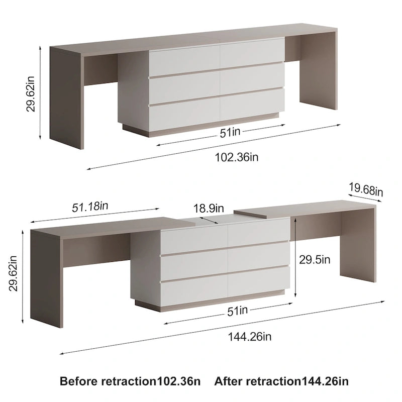 Expandable Home Office Desk 102-144 Inch Adjustable Length with 6 Drawers Modern Dual-Color MDF Dresser Desk for 2 People
