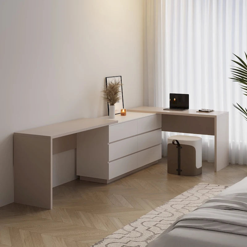 Expandable Home Office Desk 102-144 Inch Adjustable Length with 6 Drawers Modern Dual-Color MDF Dresser Desk for 2 People