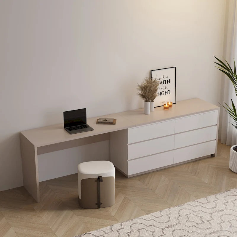 Expandable Home Office Desk 102-144 Inch Adjustable Length with 6 Drawers Modern Dual-Color MDF Dresser Desk for 2 People