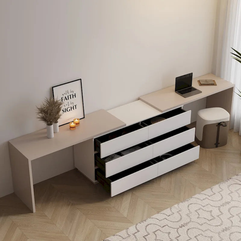 Expandable Home Office Desk 102-144 Inch Adjustable Length with 6 Drawers Modern Dual-Color MDF Dresser Desk for 2 People