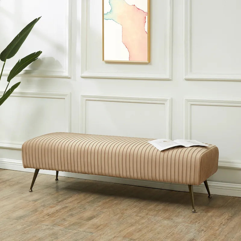 Contemporary Velvet Bench 60"W x 21"D x 18"H - Giotto Shale Upholstered Seating with Brass Capped Legs for Living Room