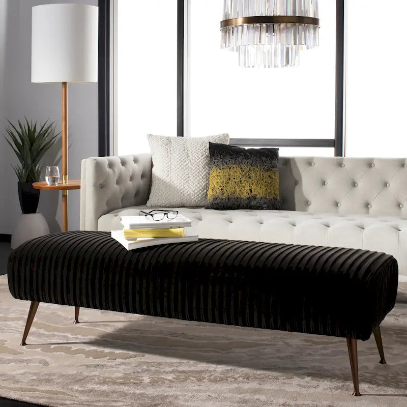 Contemporary Velvet Bench 60"W x 21"D x 18"H - Giotto Shale Upholstered Seating with Brass Capped Legs for Living Room