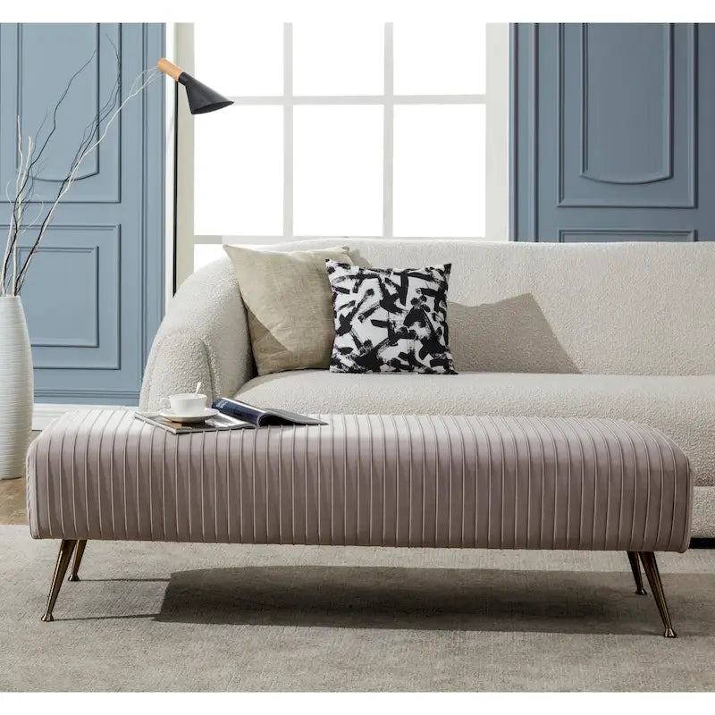 Contemporary Velvet Bench 60"W x 21"D x 18"H - Giotto Shale Upholstered Seating with Brass Capped Legs for Living Room