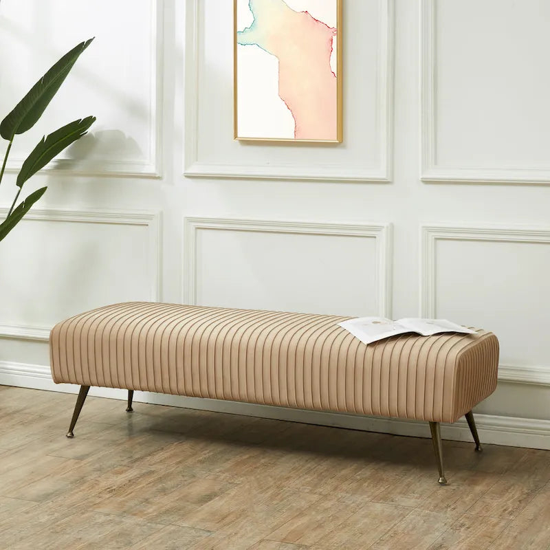 Contemporary Velvet Bench 60"W x 21"D x 18"H - Giotto Shale Upholstered Seating with Brass Capped Legs for Living Room