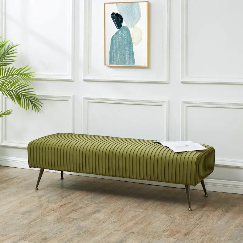 Contemporary Velvet Bench 60"W x 21"D x 18"H - Giotto Shale Upholstered Seating with Brass Capped Legs for Living Room