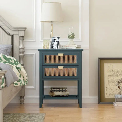2-Drawer Natural Rattan Nightstand Side Table with Metal Handles - Bedroom End Table Sofa Table