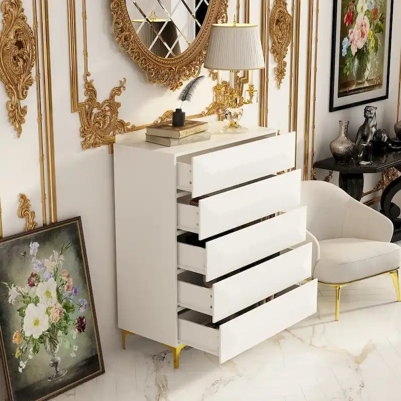 White Highboy Chest 5 Drawer Dresser with Gold Legs | Modern Asymmetrical Storage Cabinet | 31.5"W x 15.7"D x 41.3"H | Bedroom Furniture