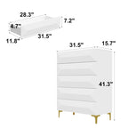 White Highboy Chest 5 Drawer Dresser with Gold Legs | Modern Asymmetrical Storage Cabinet | 31.5"W x 15.7"D x 41.3"H | Bedroom Furniture