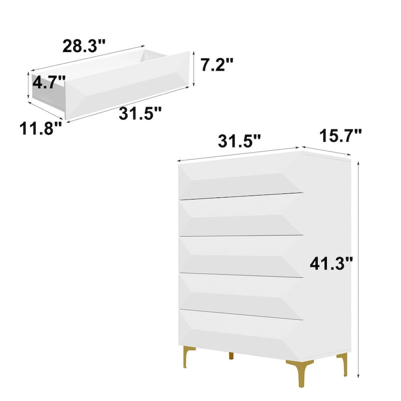 White Highboy Chest 5 Drawer Dresser with Gold Legs | Modern Asymmetrical Storage Cabinet | 31.5"W x 15.7"D x 41.3"H | Bedroom Furniture