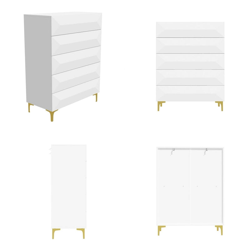 White Highboy Chest 5 Drawer Dresser with Gold Legs | Modern Asymmetrical Storage Cabinet | 31.5"W x 15.7"D x 41.3"H | Bedroom Furniture