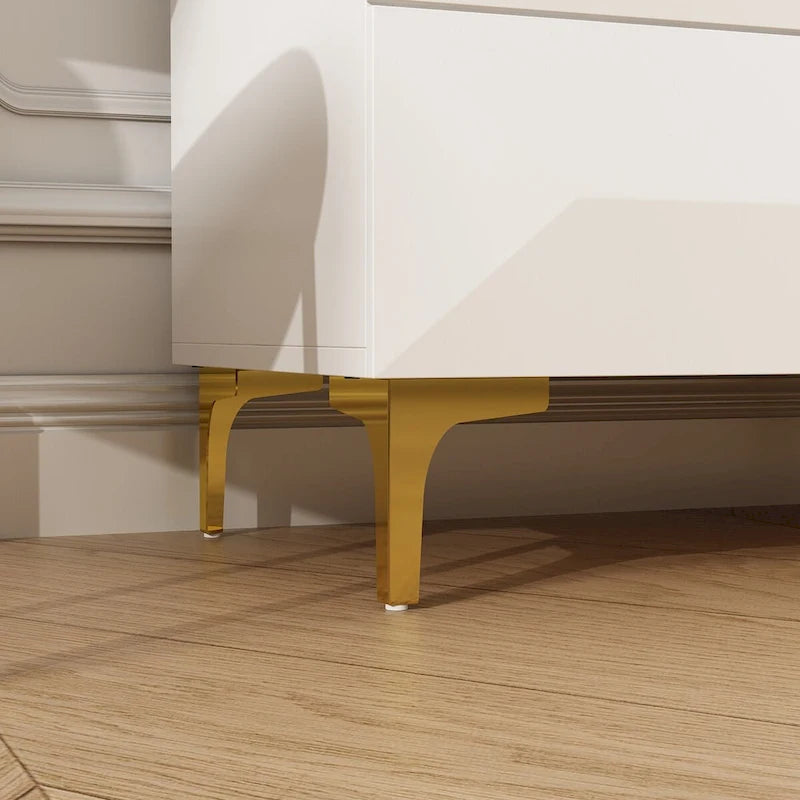 White Highboy Chest 5 Drawer Dresser with Gold Legs | Modern Asymmetrical Storage Cabinet | 31.5"W x 15.7"D x 41.3"H | Bedroom Furniture