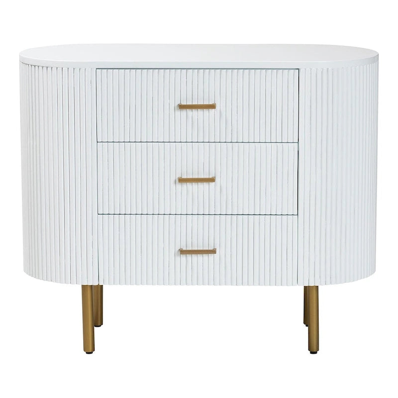 Mid-Century 3-Drawer Dresser | White Fluted Wood & Gold Metal Legs | 39"W x 31.9"H Bedroom Storage | Oval Silhouette Design