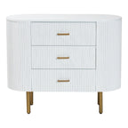 Mid-Century 3-Drawer Dresser | White Fluted Wood & Gold Metal Legs | 39"W x 31.9"H Bedroom Storage | Oval Silhouette Design