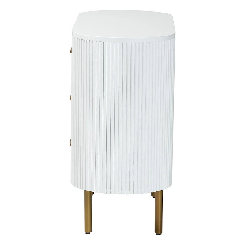 Mid-Century 3-Drawer Dresser | White Fluted Wood & Gold Metal Legs | 39"W x 31.9"H Bedroom Storage | Oval Silhouette Design