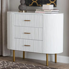 Mid-Century 3-Drawer Dresser | White Fluted Wood & Gold Metal Legs | 39"W x 31.9"H Bedroom Storage | Oval Silhouette Design