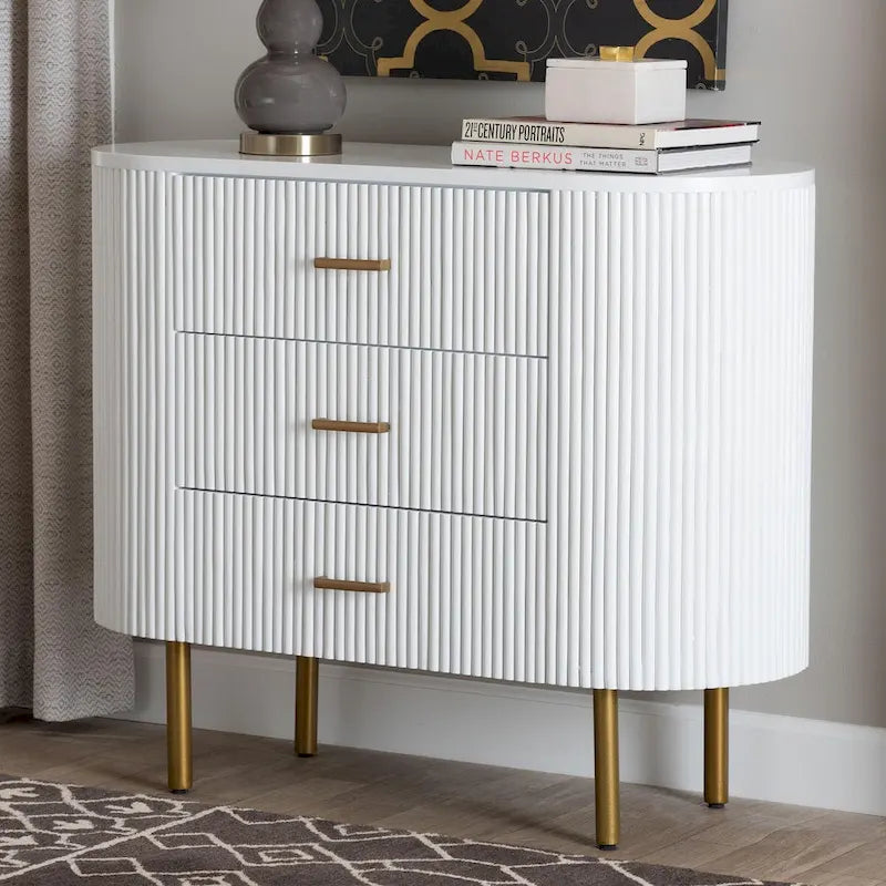 Mid-Century 3-Drawer Dresser | White Fluted Wood & Gold Metal Legs | 39"W x 31.9"H Bedroom Storage | Oval Silhouette Design