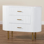Mid-Century 3-Drawer Dresser | White Fluted Wood & Gold Metal Legs | 39"W x 31.9"H Bedroom Storage | Oval Silhouette Design
