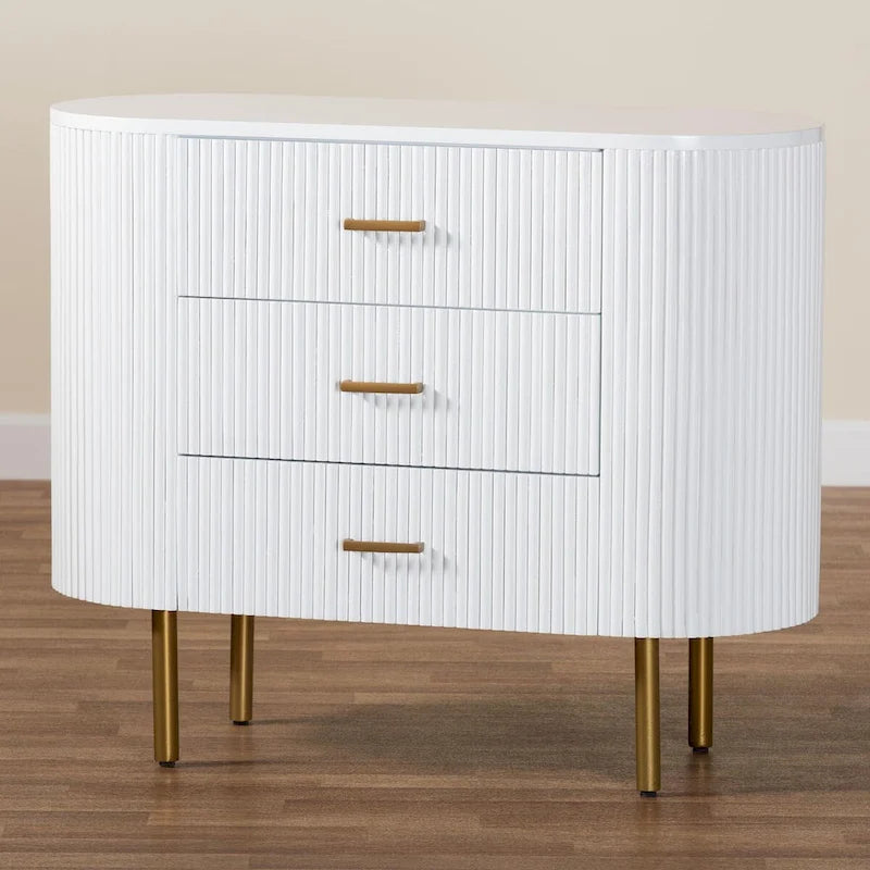 Mid-Century 3-Drawer Dresser | White Fluted Wood & Gold Metal Legs | 39"W x 31.9"H Bedroom Storage | Oval Silhouette Design