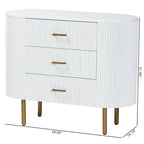 Mid-Century 3-Drawer Dresser | White Fluted Wood & Gold Metal Legs | 39"W x 31.9"H Bedroom Storage | Oval Silhouette Design