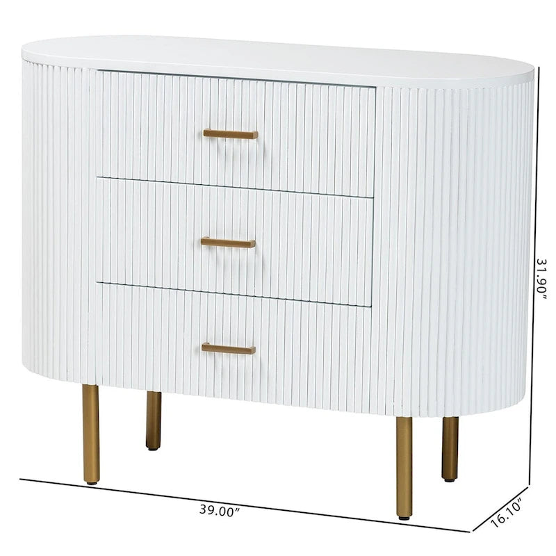 Mid-Century 3-Drawer Dresser | White Fluted Wood & Gold Metal Legs | 39"W x 31.9"H Bedroom Storage | Oval Silhouette Design