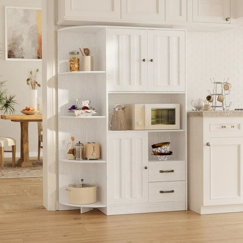 Farmhouse Kitchen Storage Cabinet with Doors and Open Shelves, Buffet Sideboard with Microwave Shelves and Drawers