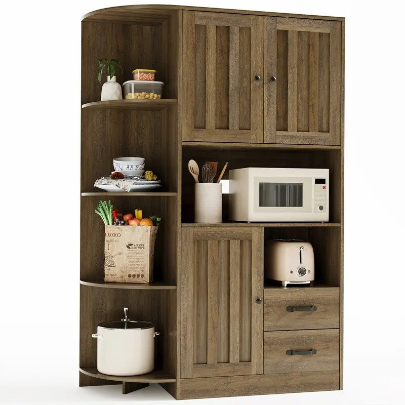 Farmhouse Kitchen Storage Cabinet with Doors and Open Shelves, Buffet Sideboard with Microwave Shelves and Drawers