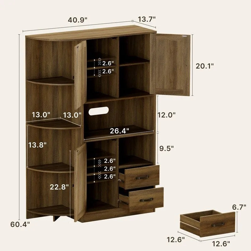 Farmhouse Kitchen Storage Cabinet with Doors and Open Shelves, Buffet Sideboard with Microwave Shelves and Drawers