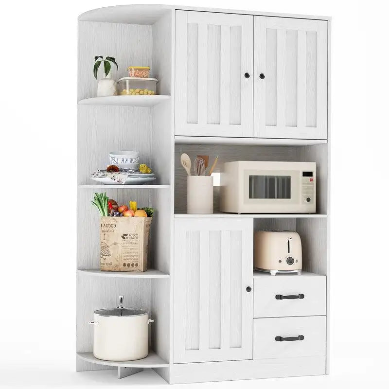 Farmhouse Kitchen Storage Cabinet with Doors and Open Shelves, Buffet Sideboard with Microwave Shelves and Drawers