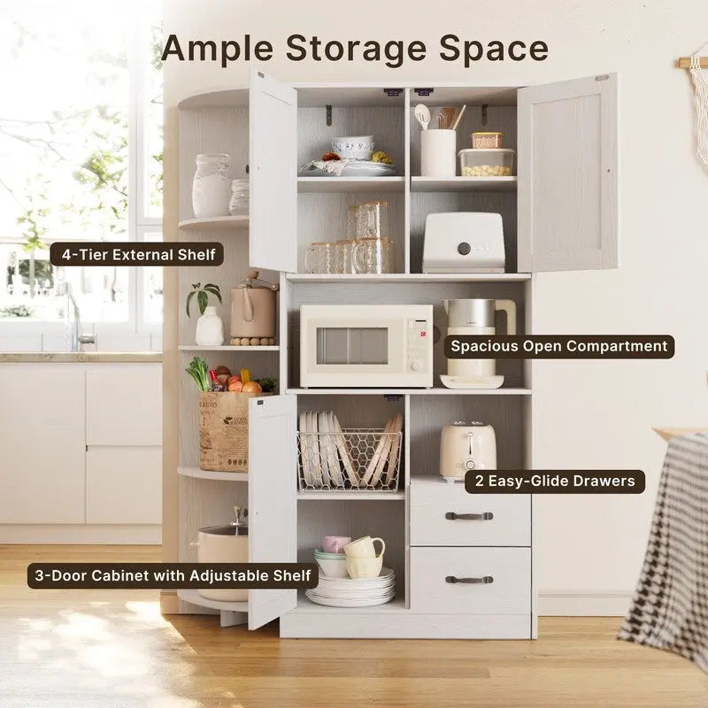 Farmhouse Kitchen Storage Cabinet with Doors and Open Shelves, Buffet Sideboard with Microwave Shelves and Drawers